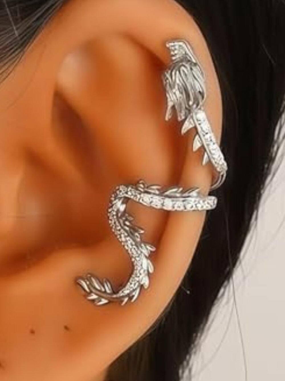 2 Silver Dragon Ear Cuff Non Piercing Rhinestone Dragon's Goth Punk Mythical
